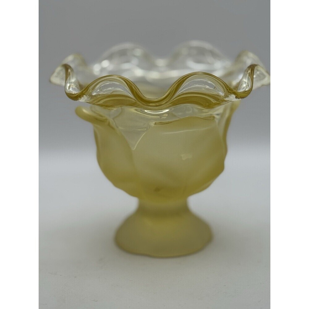 Vintage Viking Cabbage Leaf Satin Yellow Ruffled Glass Compote Candy Dish